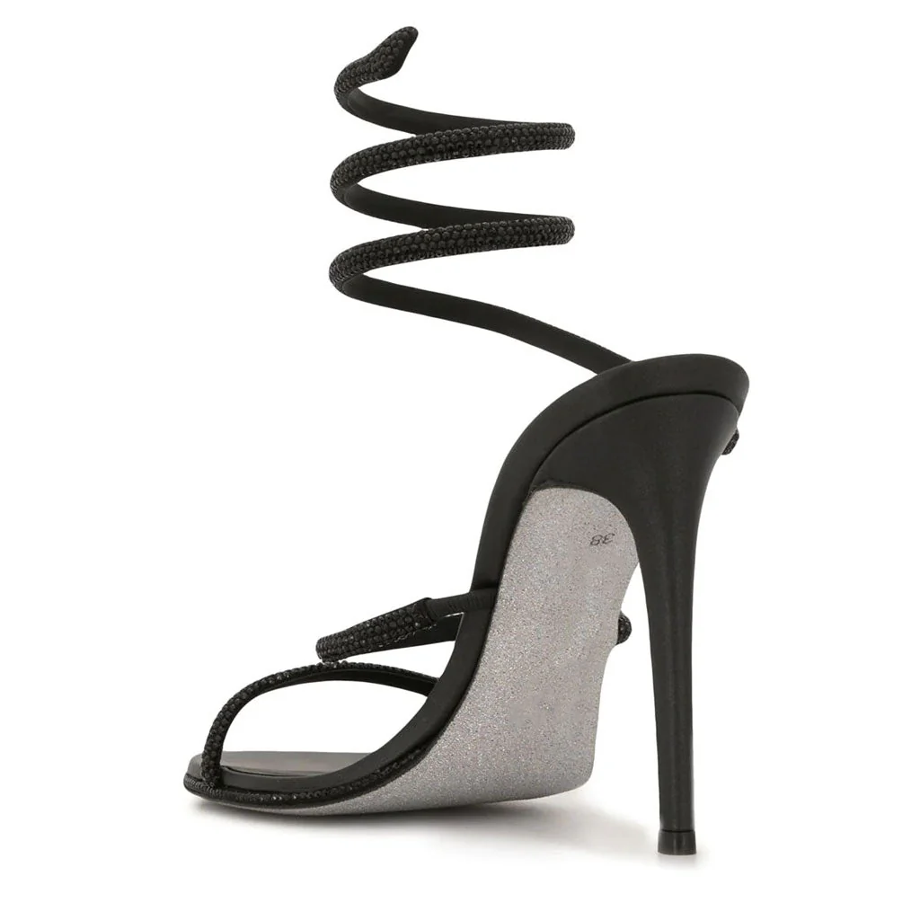 Shimmery Crystal Embellished Ankle Wrap Round Toe Stiletto Sandals - Black - Image 4