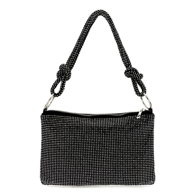 Shimmery Crystal Embellished Knot Trim Shoulder Party Bag - Black - Image 2