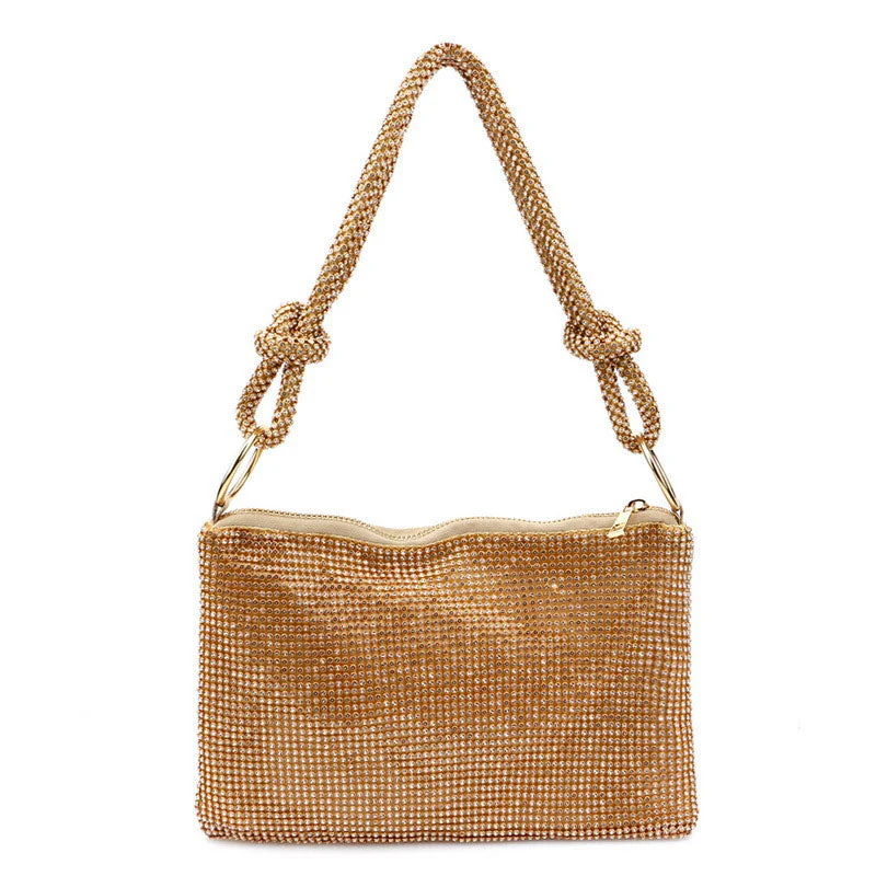 Shimmery Crystal Embellished Knot Trim Shoulder Party Bag - Gold - Image 2