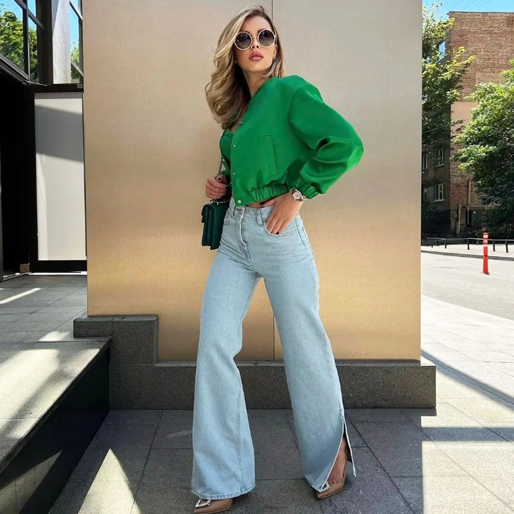 Shimmery Mock Neck Button Up Long Sleeve Bomber Jacket - Emerald Green - Image 2