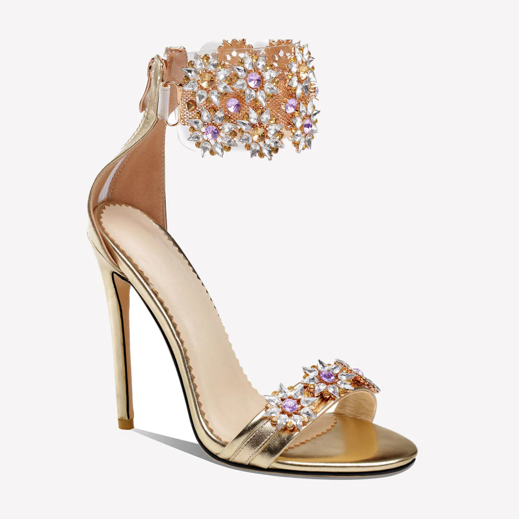 Shimmery Rhinestone Embellished Ankle Strap Stiletto Sandals - Gold - Image 2