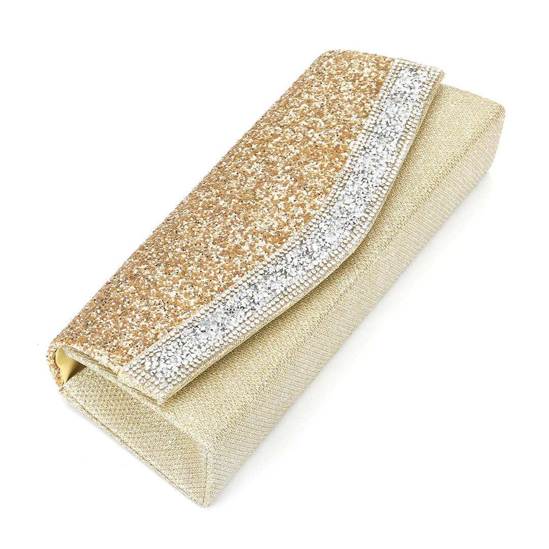 Shimmery Rhinestone Embellished Textured Flap Clutch Evening Bag - Gold - Image 2