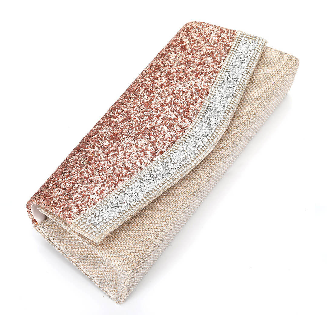 Shimmery Rhinestone Embellished Textured Flap Clutch Evening Bag - Pink - Image 2