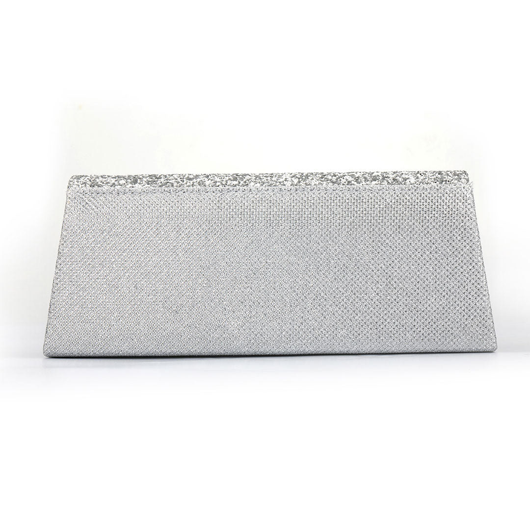Shimmery Rhinestone Embellished Textured Flap Clutch Evening Bag - Silver - Image 2