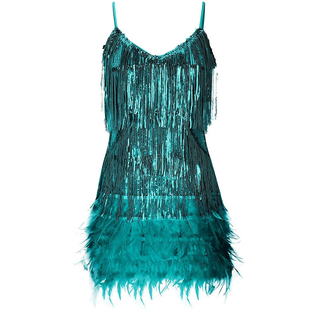 Shimmery Scoop Neck Sequin Fringe Feather Slip Flapper Mini Dress - Teal Green - Image 5