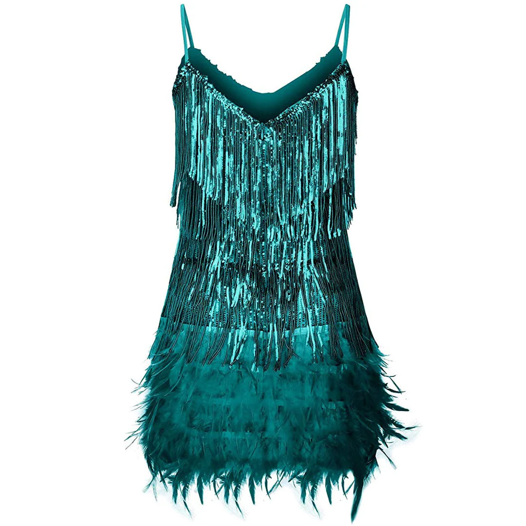 Shimmery Scoop Neck Sequin Fringe Feather Slip Flapper Mini Dress - Teal Green - Image 6