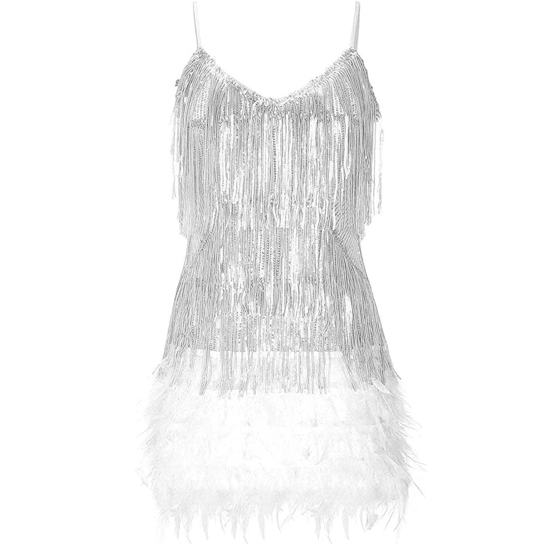 Shimmery Scoop Neck Sequin Fringe Feather Slip Flapper Mini Dress - White - Image 4