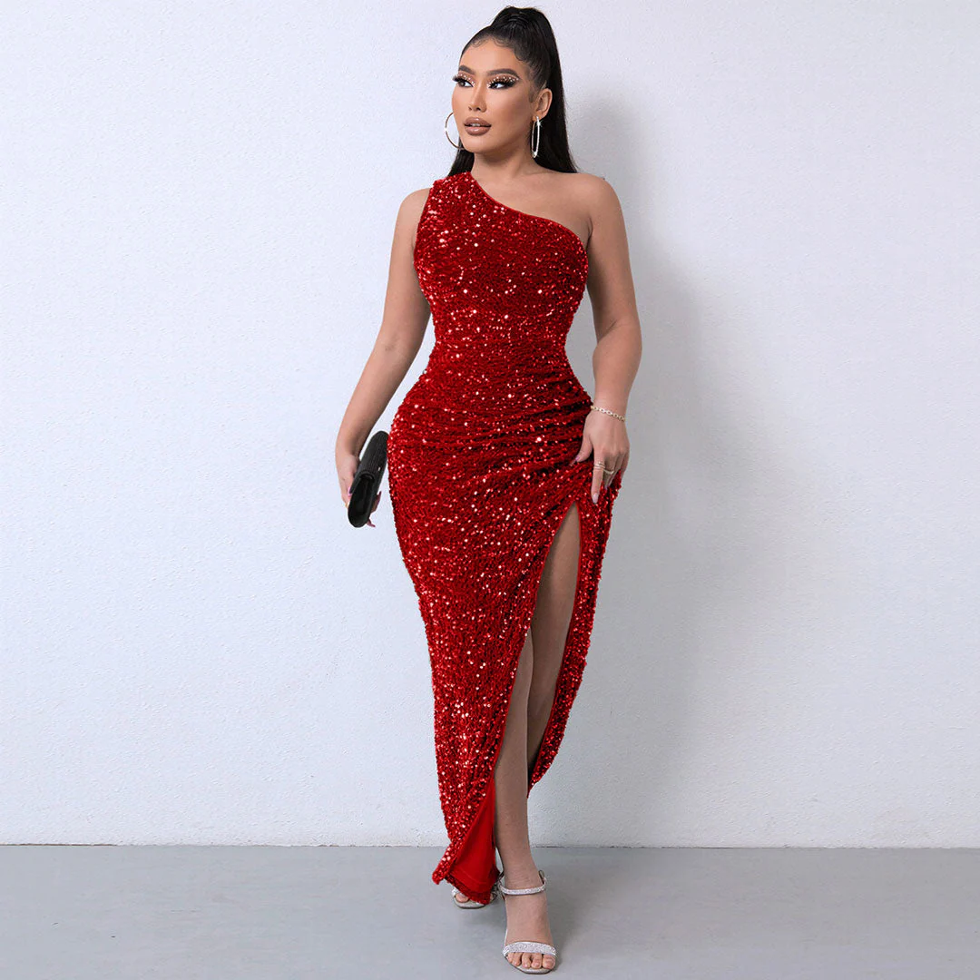 Shimmery Sequin High Split One Shoulder Gown Maxi Dress - Burgundy - Image 2