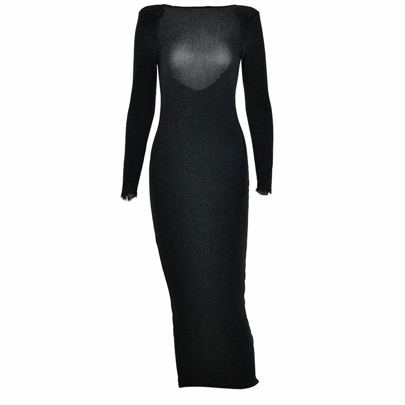 Shimmery Shoulder Pad Long Sleeve Open Back Cocktail Midi Dress - Black - Image 3