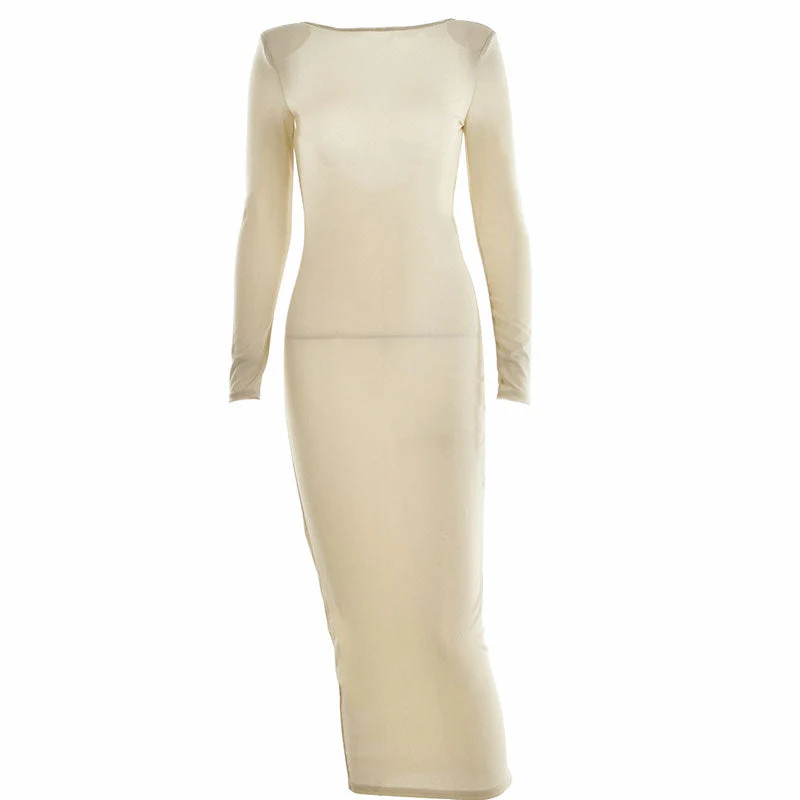 Shimmery Shoulder Pad Long Sleeve Open Back Cocktail Midi Dress - Khaki - Image 3