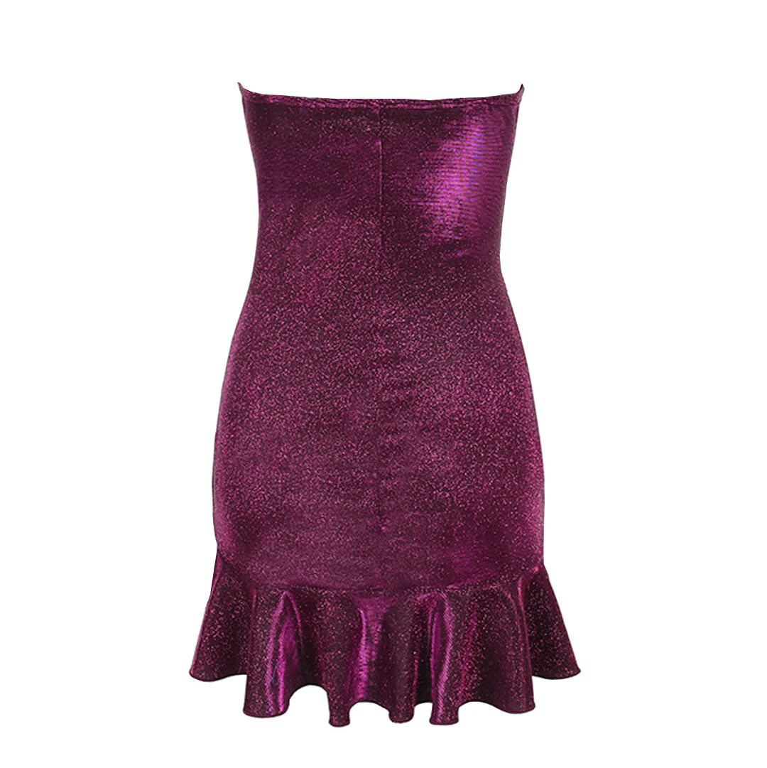 Shimmery Strapless Ruffled Ruched Bodycon Club Mini Dress - Purple - Image 4