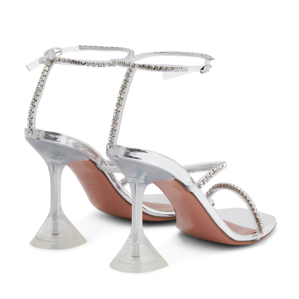 Shiny Crystal Ankle Strap Square Toe Clear PVC Martini Heel Sandals - Silver - Image 4