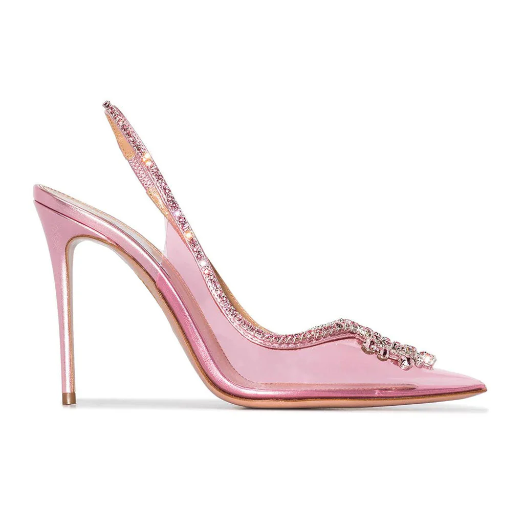 Shiny Crystal Detail Pointed Toe Stiletto PVC SlingBack Pumps - Pink - Image 5