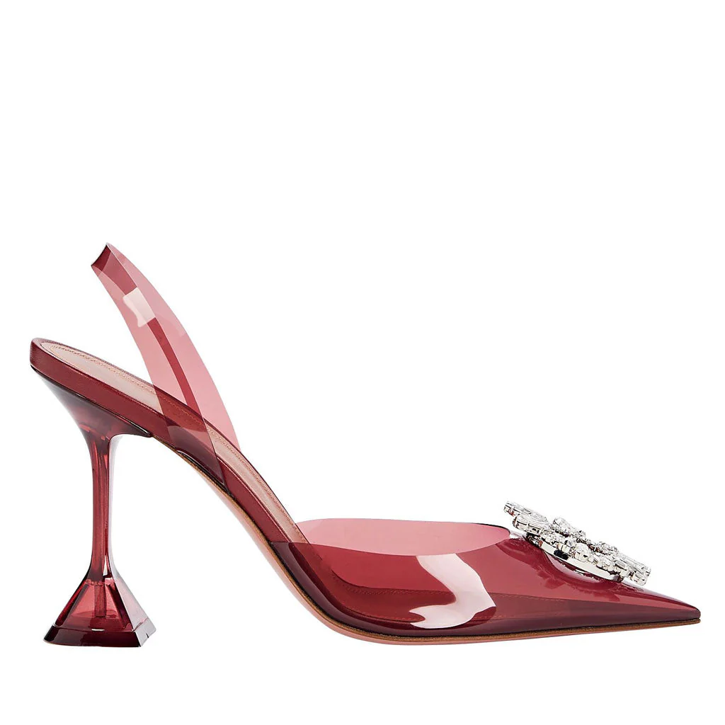 Shiny Crystal Embellished Clear Martini Heel SlingBack Pumps - Burgundy - Image 3