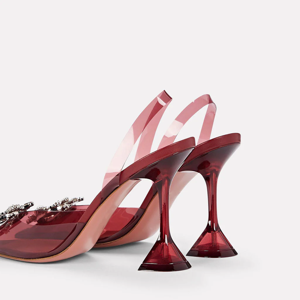 Shiny Crystal Embellished Clear Martini Heel SlingBack Pumps - Burgundy - Image 4