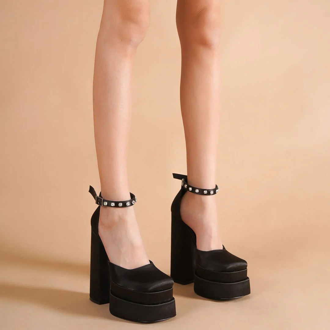Shiny Crystal Satin Square Toe Chunky Platform Pumps - Black - Image 2