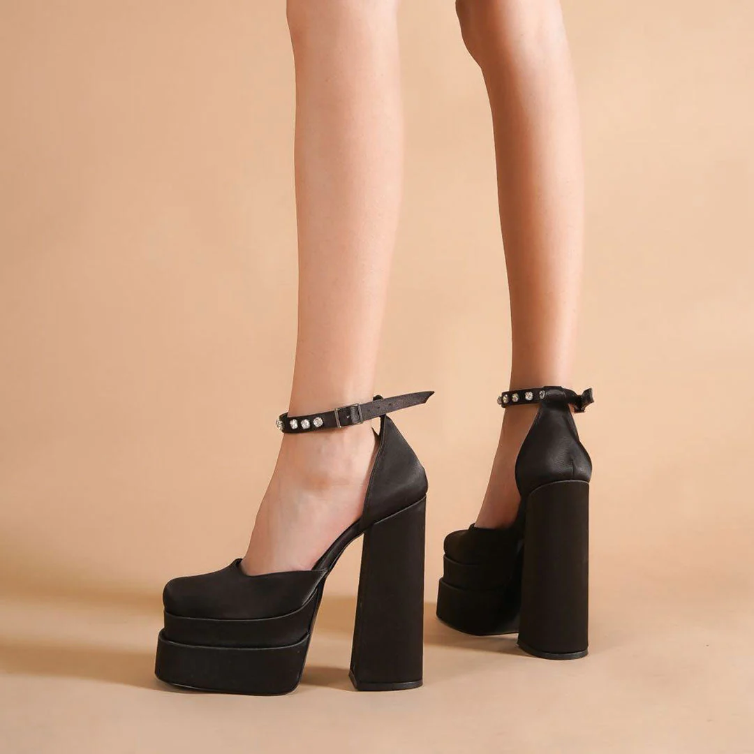 Shiny Crystal Satin Square Toe Chunky Platform Pumps - Black - Image 3