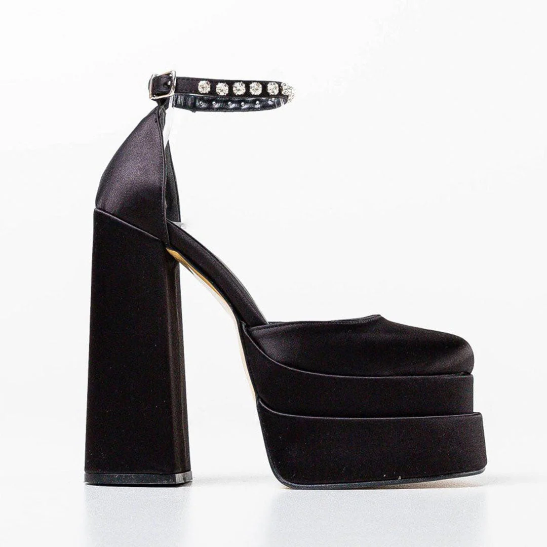 Shiny Crystal Satin Square Toe Chunky Platform Pumps - Black - Image 4