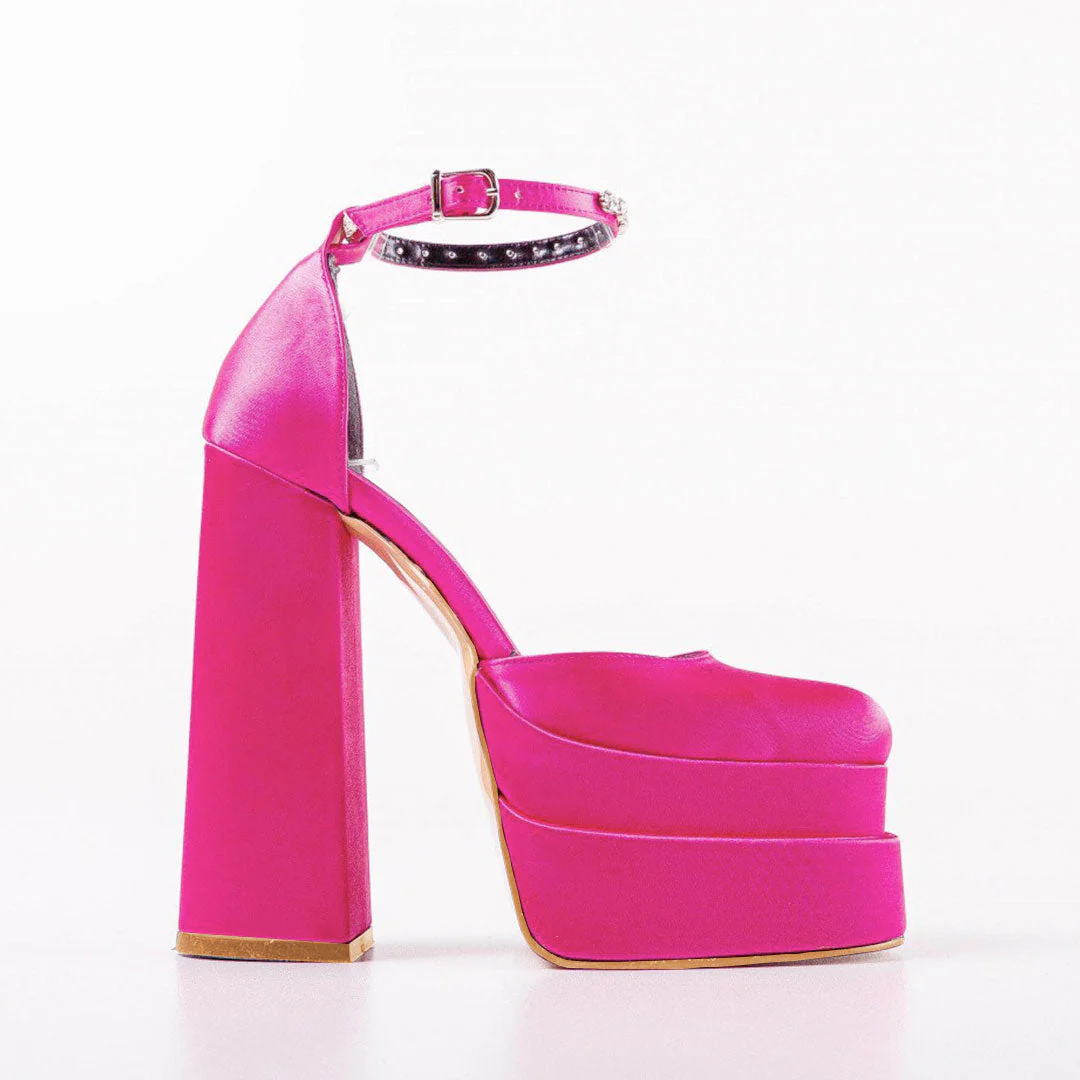Shiny Crystal Satin Square Toe Chunky Platform Pumps - Rose - Image 4