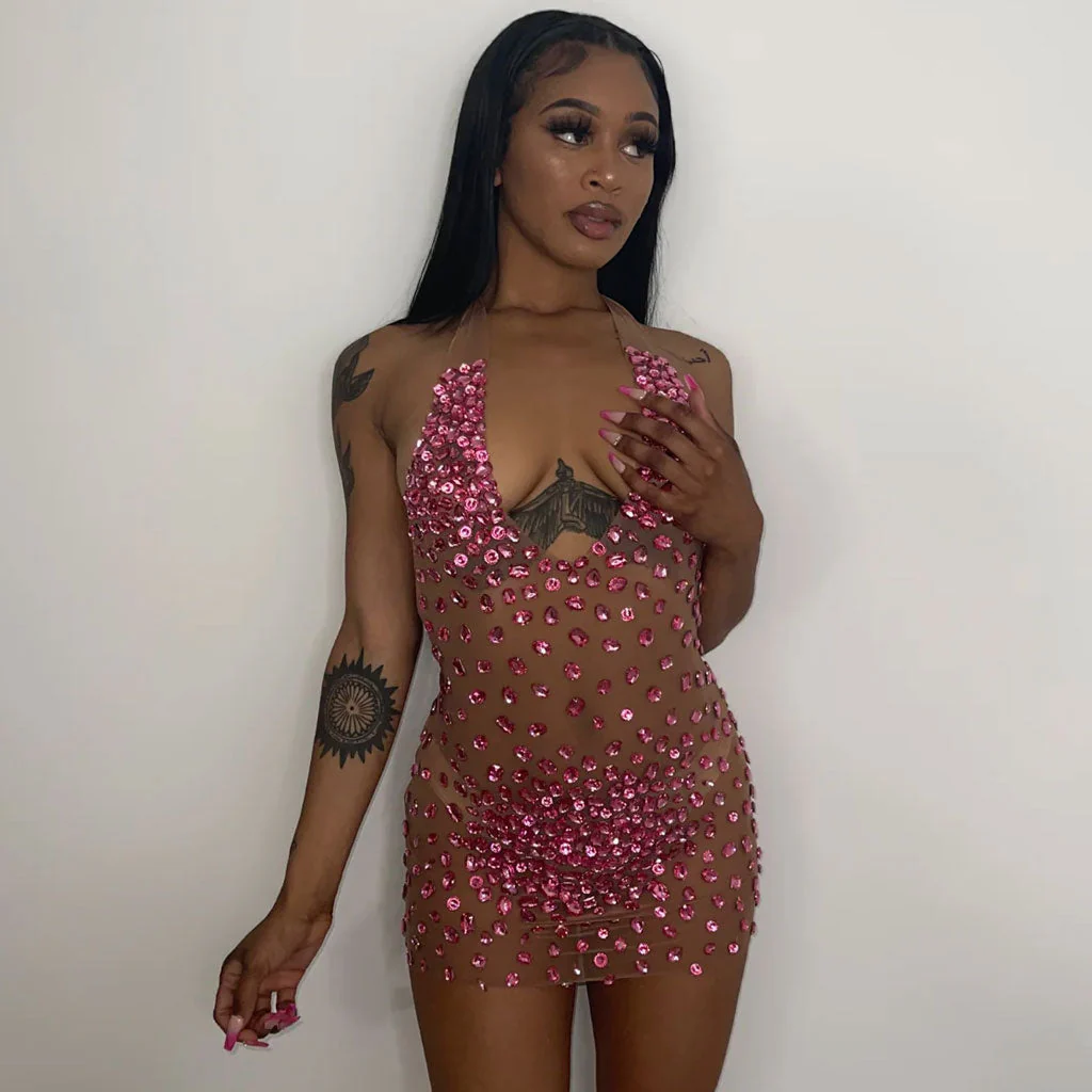 Shiny Rhinestone Embellished Halter Neck Backless Sheer Mesh Mini Party Dress - Image 2