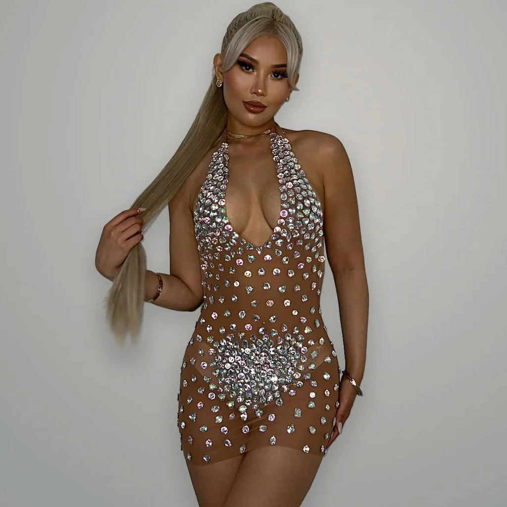 Shiny Rhinestone Embellished Halter Neck Backless Sheer Mesh Mini Party Dress - Image 5