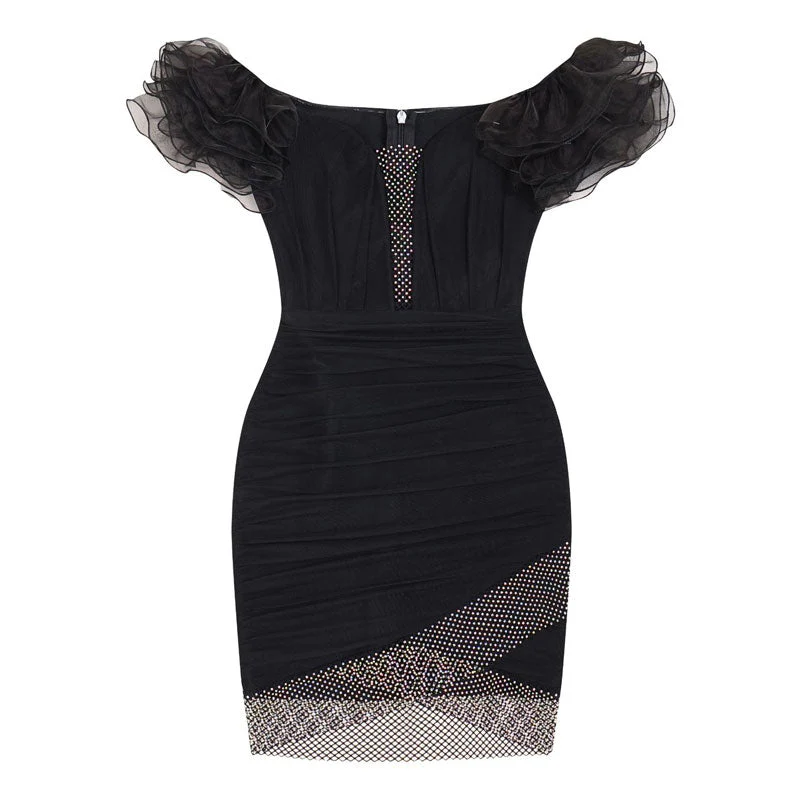 Shiny Rhinestone Ruched Mesh Panel Ruffled Off The Shoulder Mini Bandage Dress - Black - Image 4