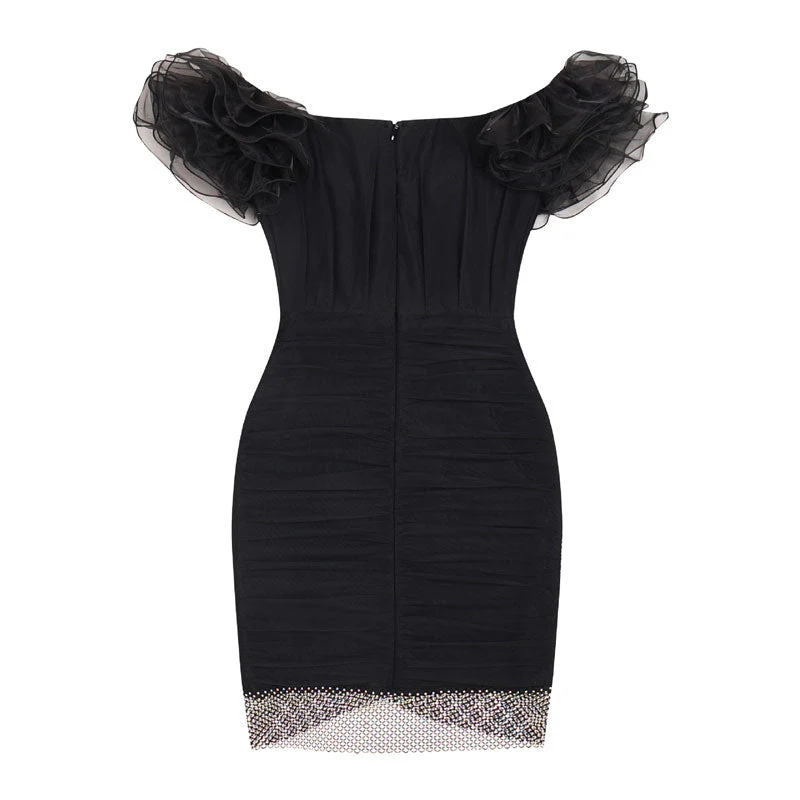 Shiny Rhinestone Ruched Mesh Panel Ruffled Off The Shoulder Mini Bandage Dress - Black - Image 5