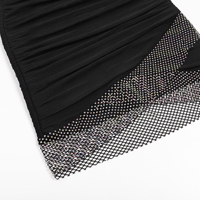 Shiny Rhinestone Ruched Mesh Panel Ruffled Off The Shoulder Mini Bandage Dress - Black - Image 6