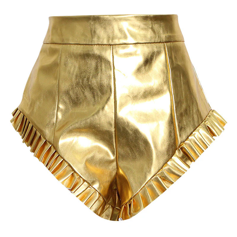 Shiny Ruffle Trim High Waist Vegan Leather Micro Booty Shorts - Image 2
