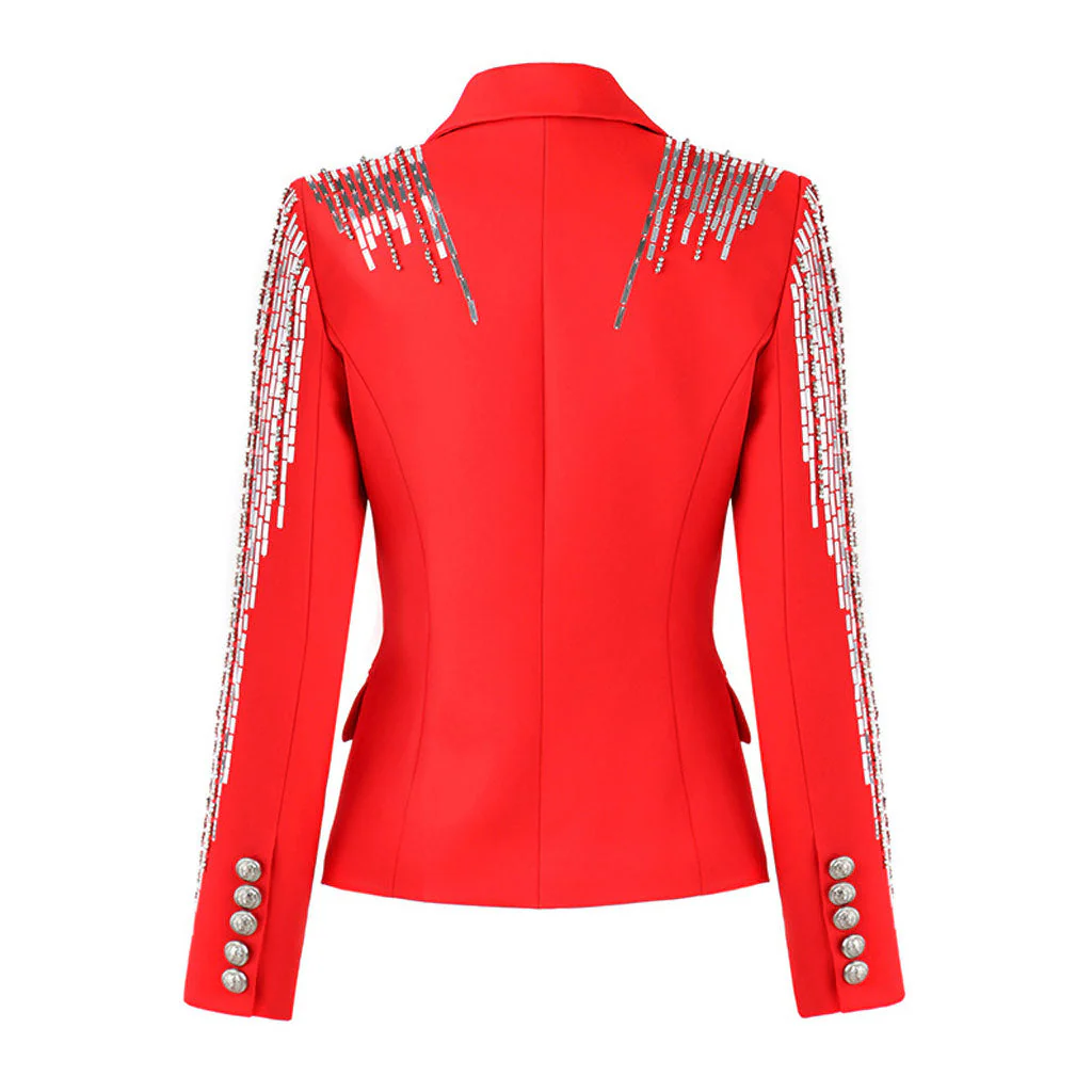 Shiny Sequin Beaded Peak Lapel Double Breasted Tailored Blazer - Image 2