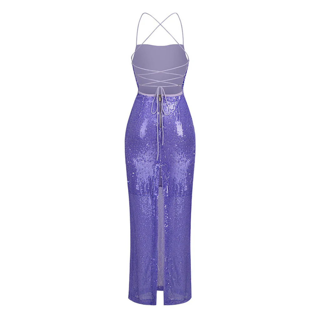 Shiny Sequin Draped Cowl Neck Lace Up Backless Maxi Evening Dress - Image 2