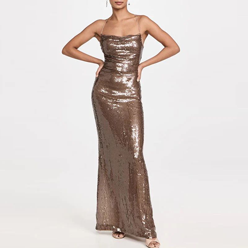 Shiny Sequin Draped Cowl Neck Lace Up Backless Maxi Evening Dress - Image 5
