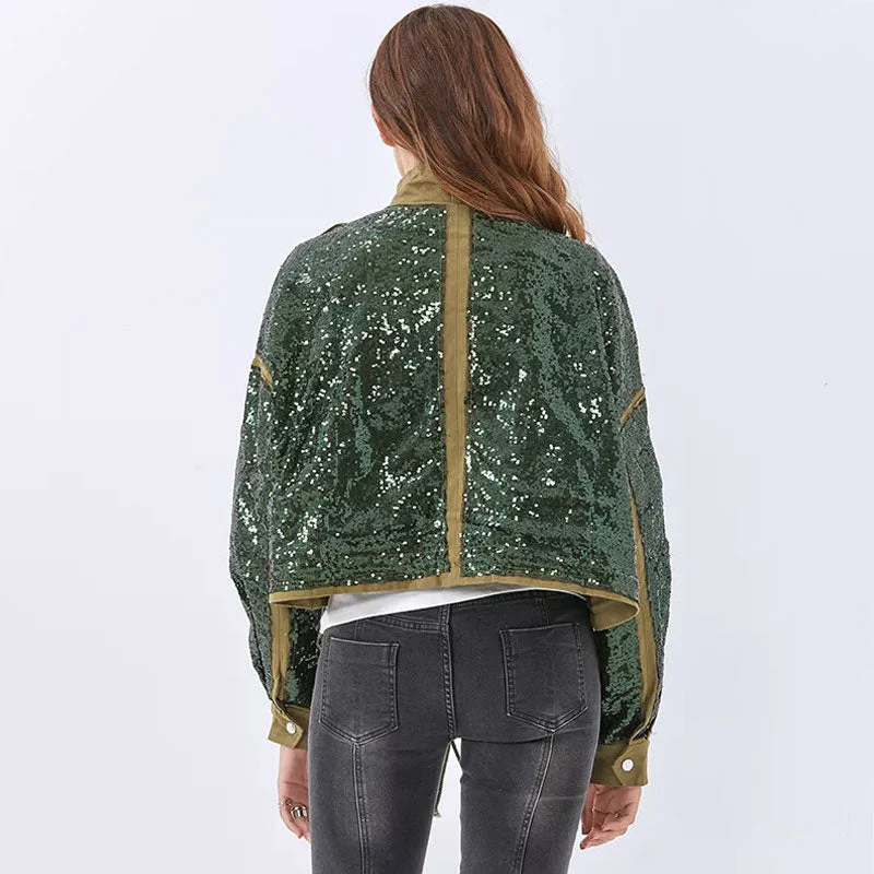 Shiny Sequin Strappy Stand Collar Drawstring Oversized Cropped Jacket - Green - Image 2