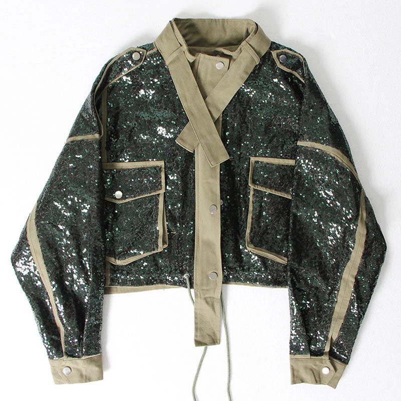 Shiny Sequin Strappy Stand Collar Drawstring Oversized Cropped Jacket - Green - Image 3
