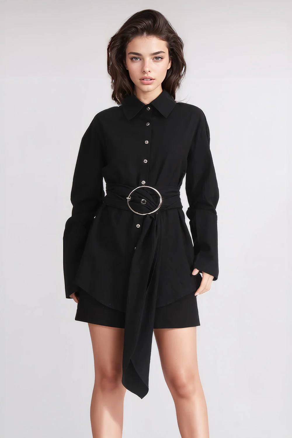 Shirt Dress with Belt - Black - Image 2