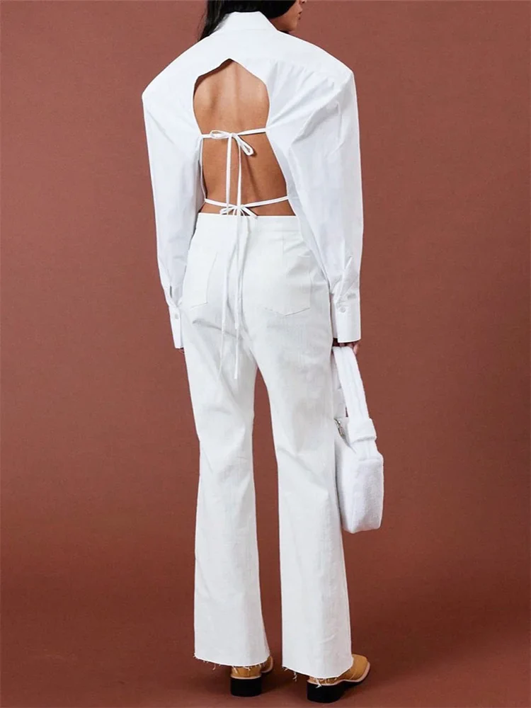 WHITE SHIRT with OVERSIZED SHOULDERS and OPEN Back Lace UP - Image 12