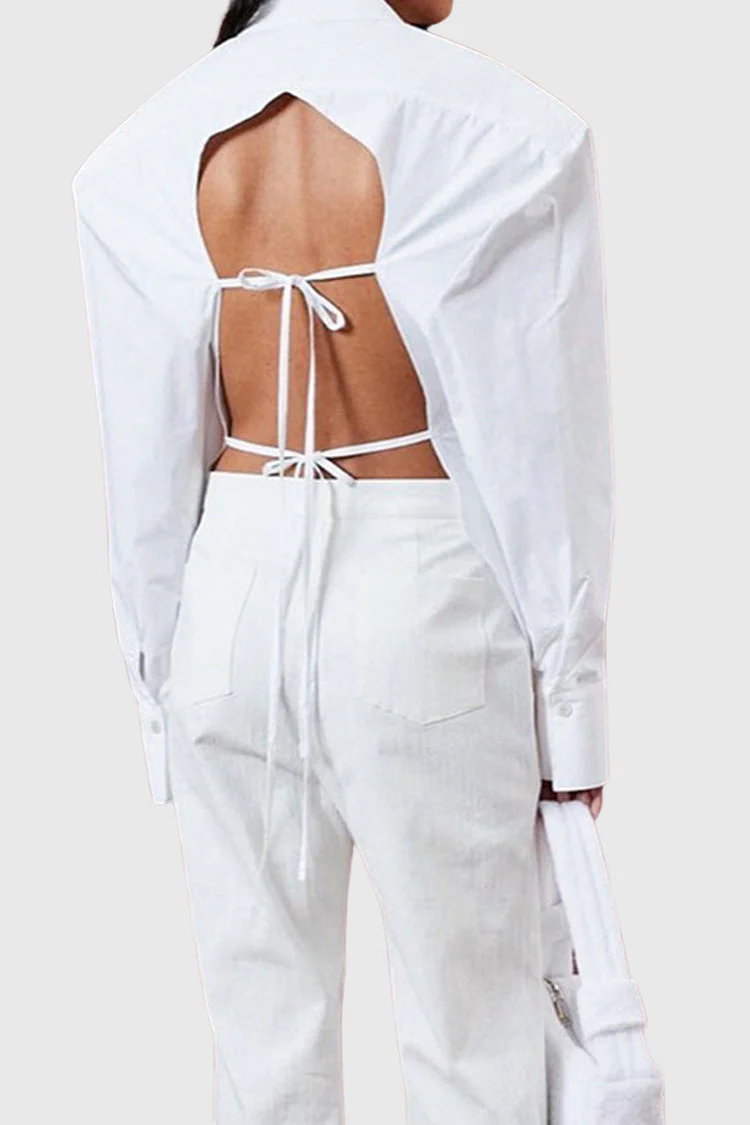 WHITE SHIRT with OVERSIZED SHOULDERS and OPEN Back Lace UP - Image 4