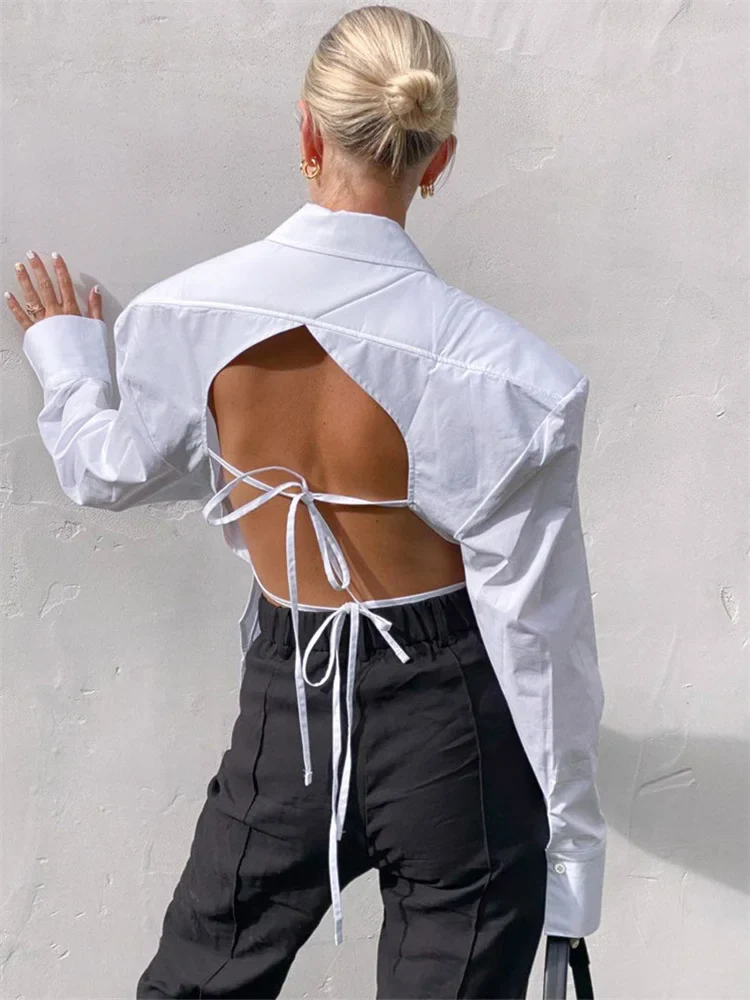 WHITE SHIRT with OVERSIZED SHOULDERS and OPEN Back Lace UP - Image 8