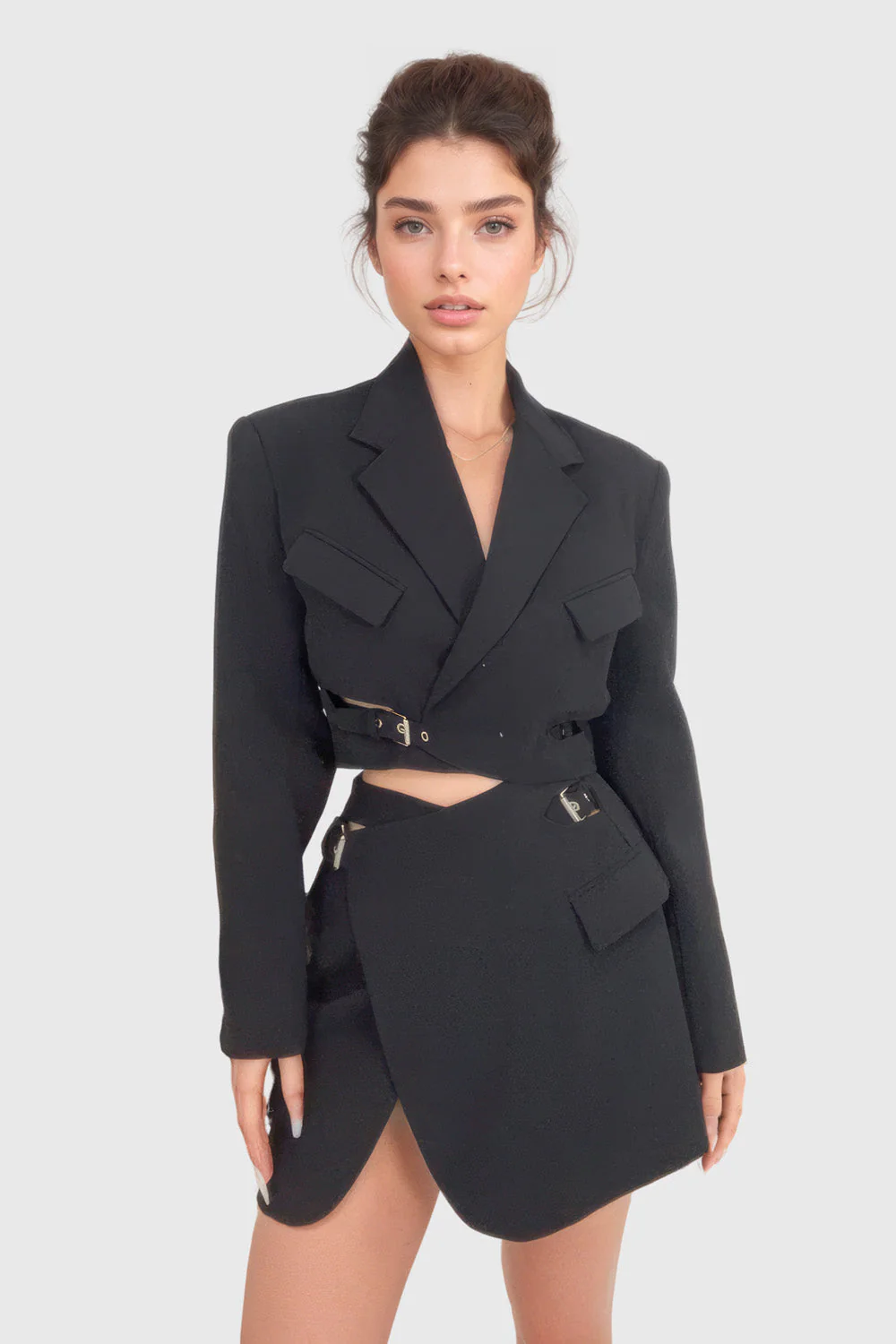 Short Blazer Dress with Belts - Black - Image 3