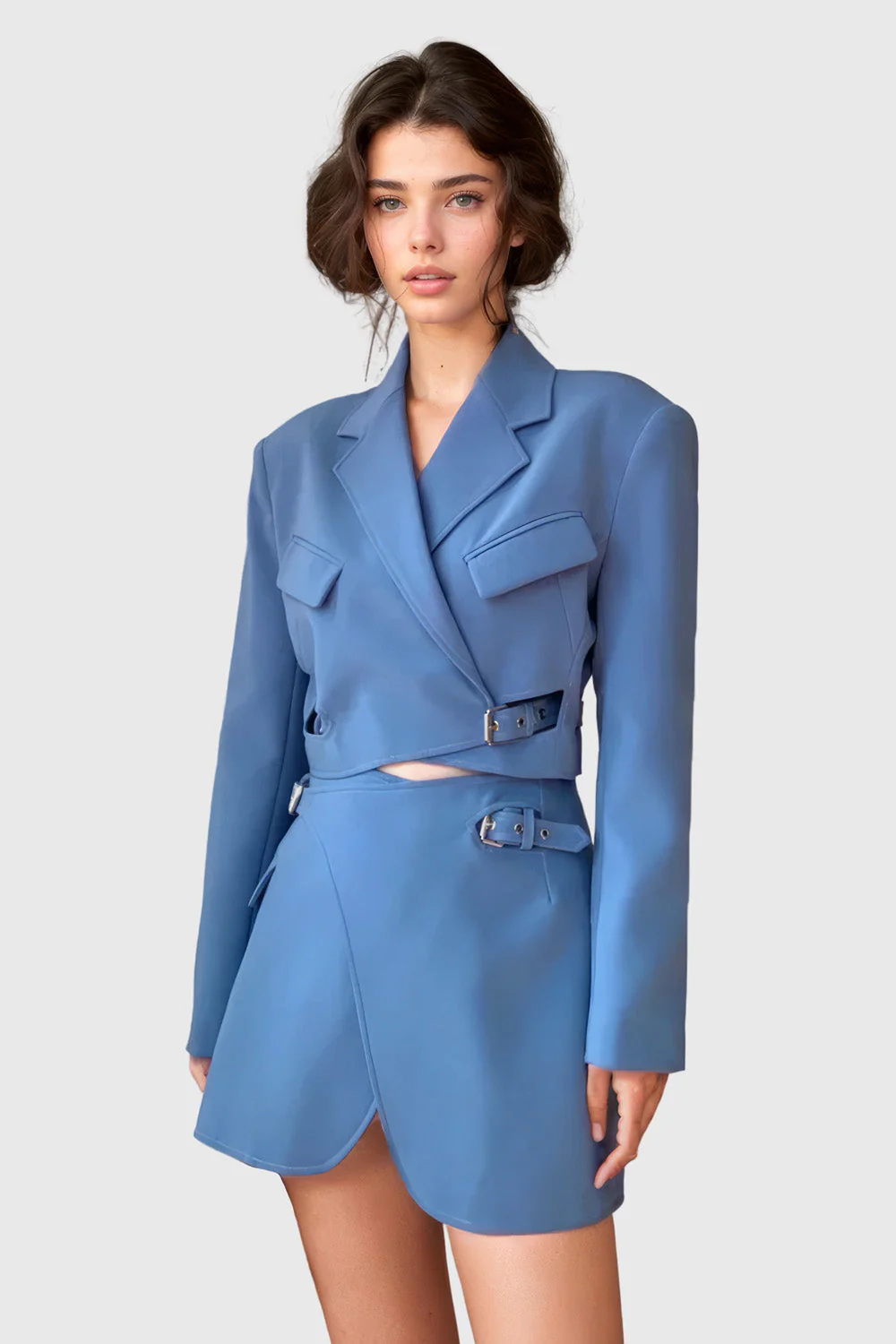 Short Blazer Dress with Belts - Blue - Image 3