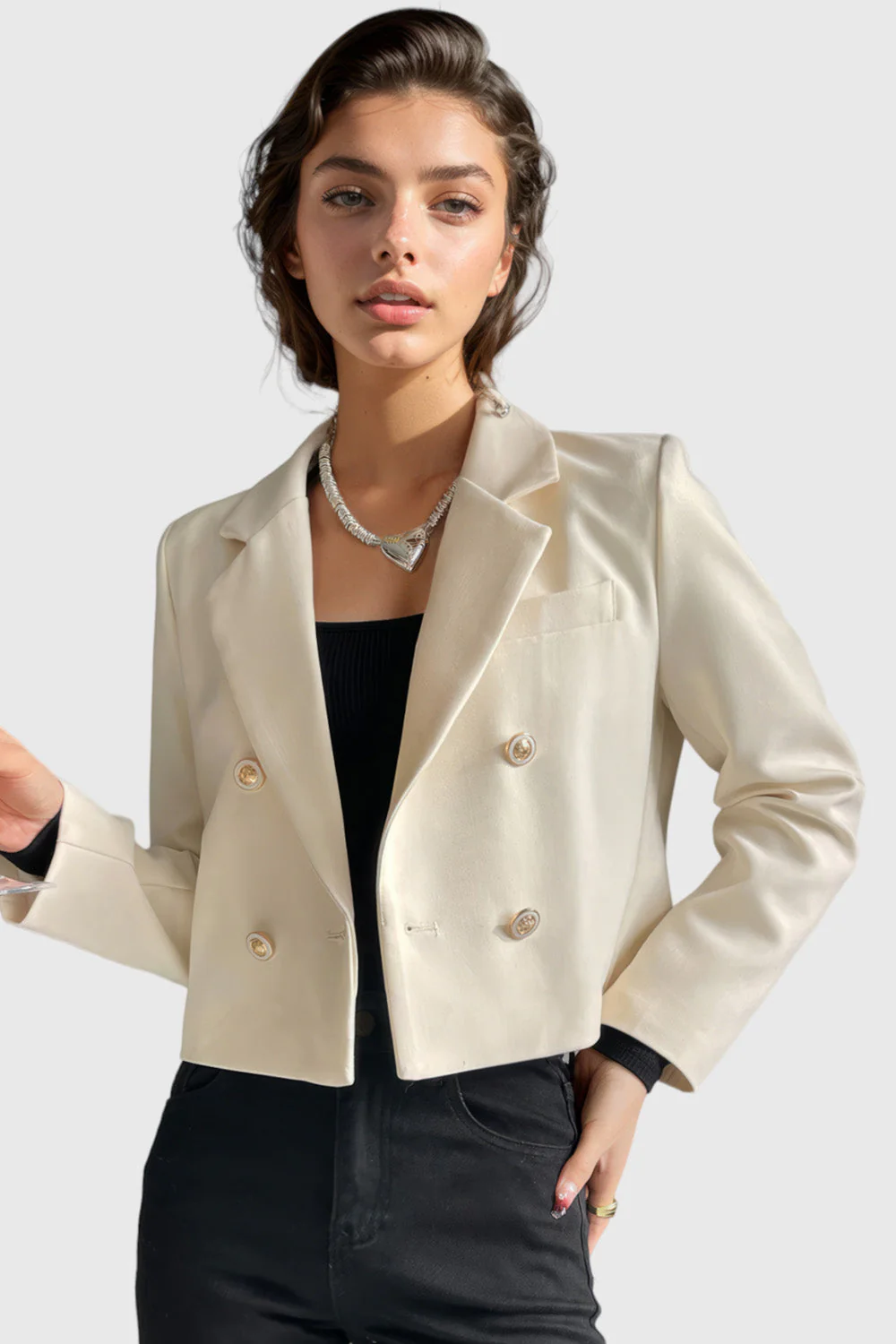 Short Blazer with Gold Buttons - Beige - Image 2
