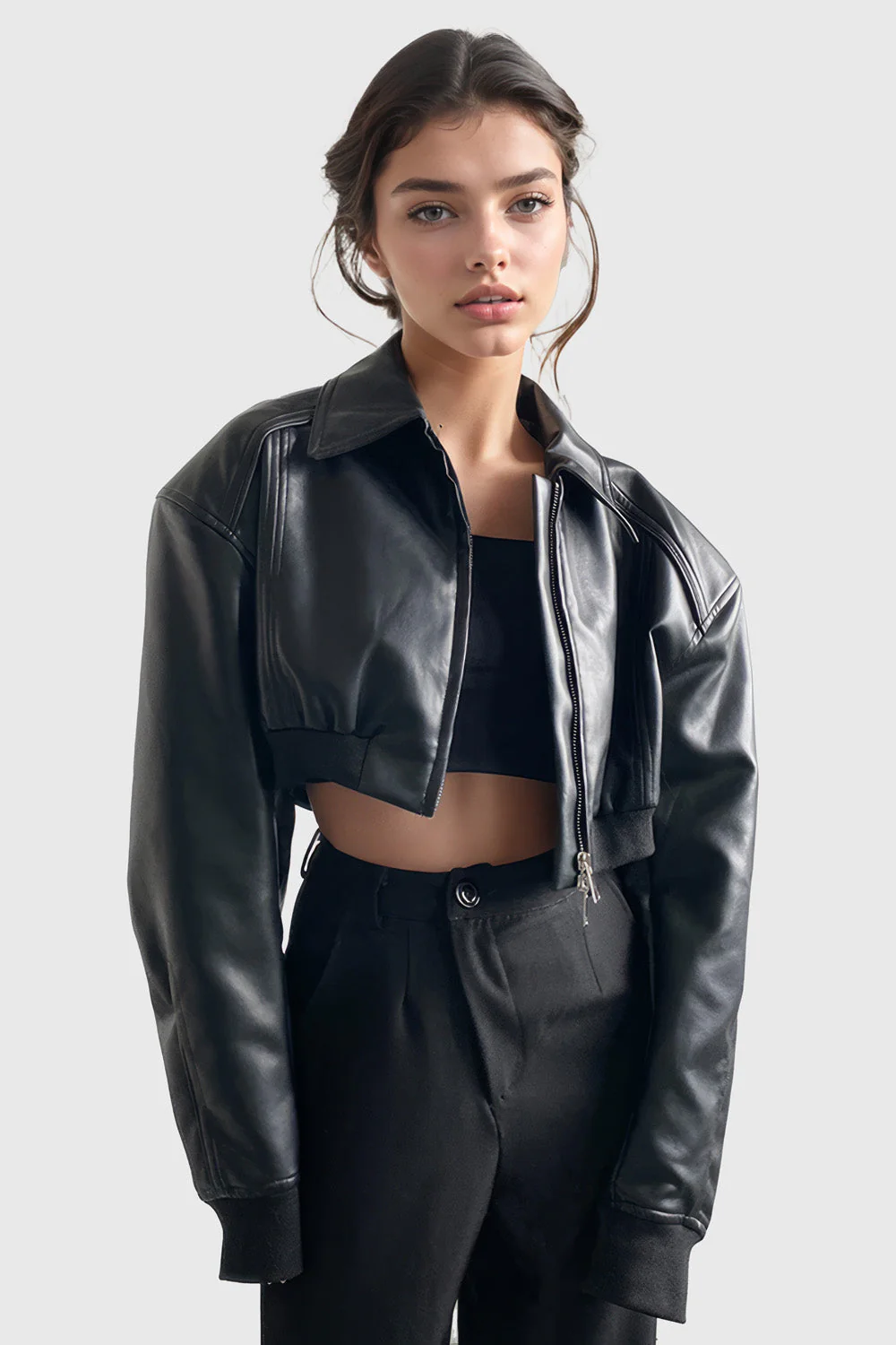 Short Bomber Jacket in Leather - Black - Image 2