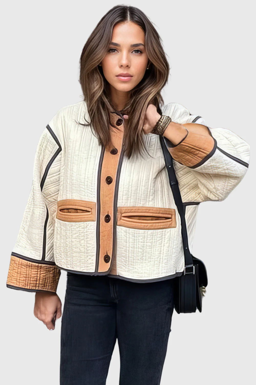 Short Buttoned Jacket in Textured Fabric - Brown - Image 2