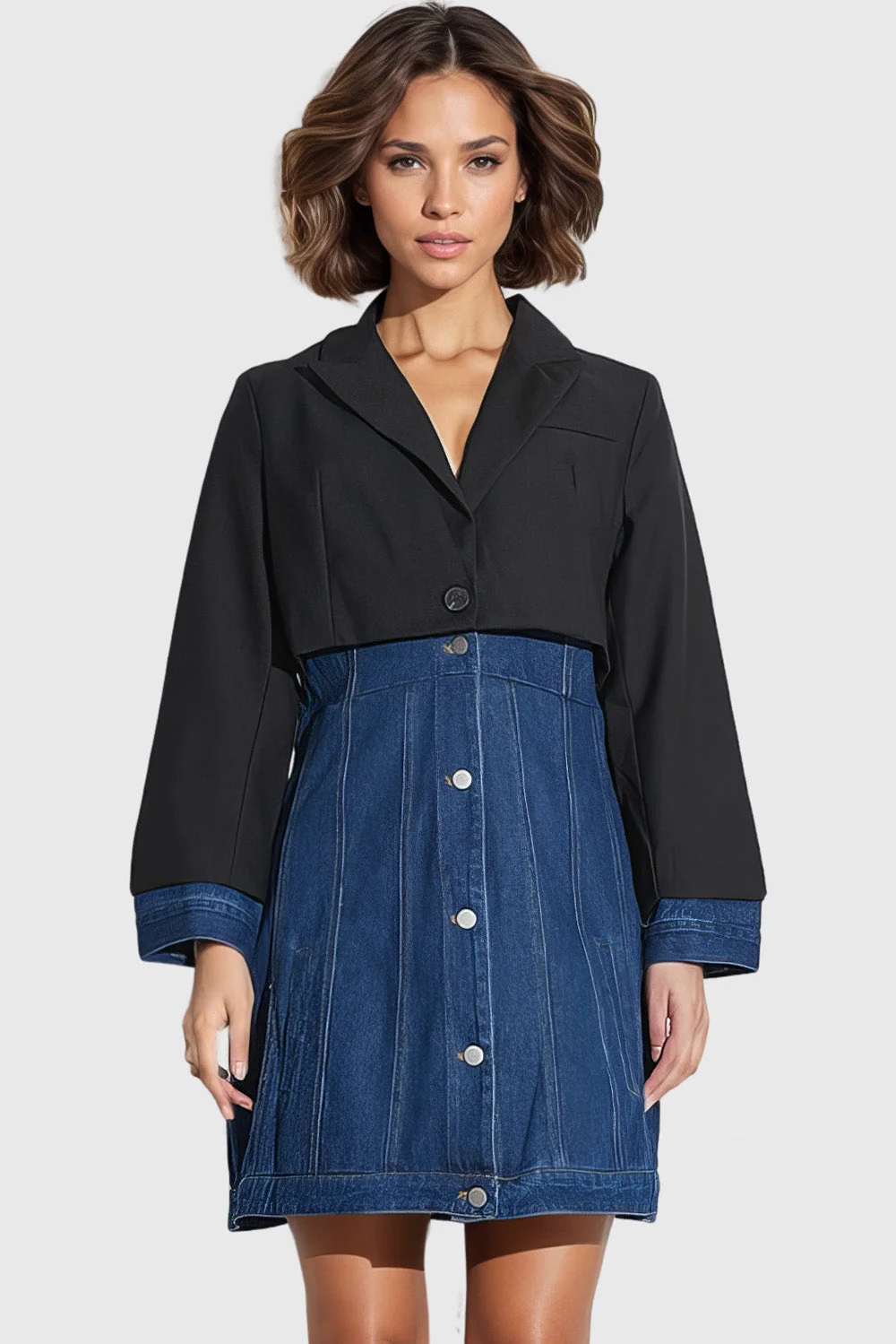 Short Denim Dress with Blazer Detail - Blue - Image 2