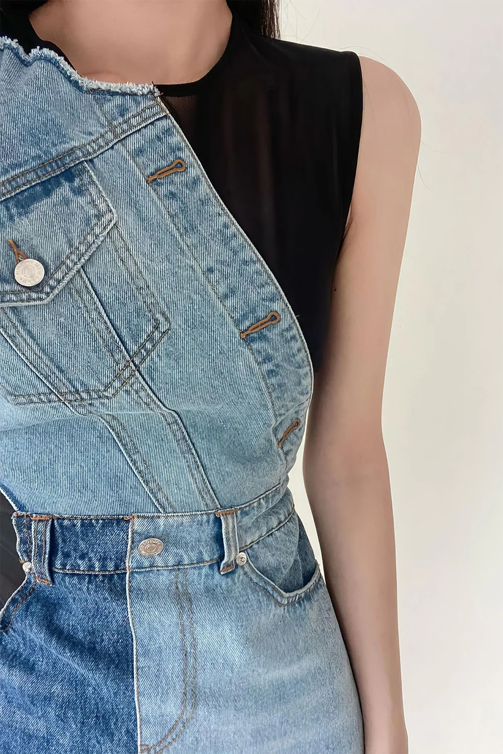 Short Dress with Added Denim - Black - Image 2