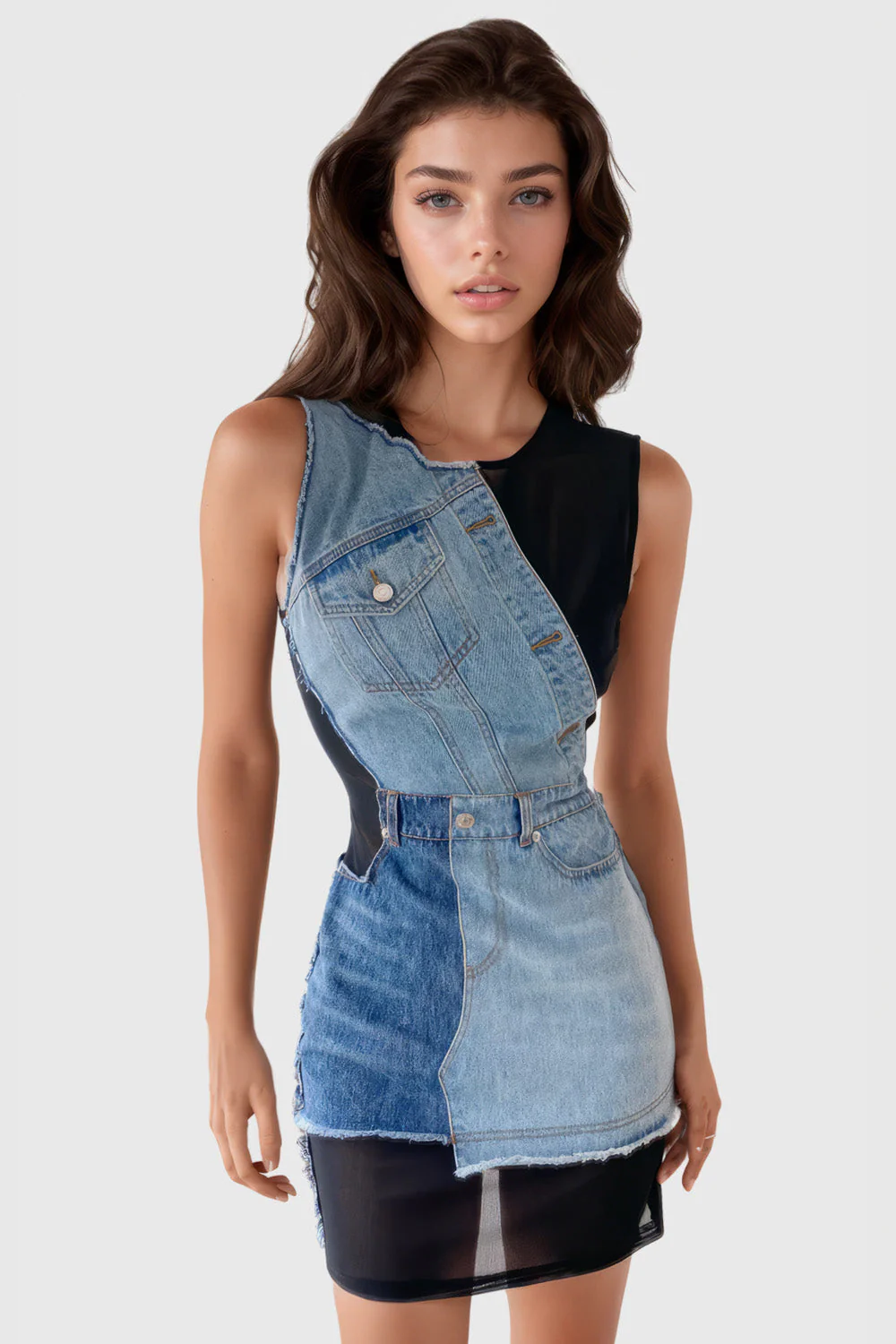 Short Dress with Added Denim - Black - Image 3