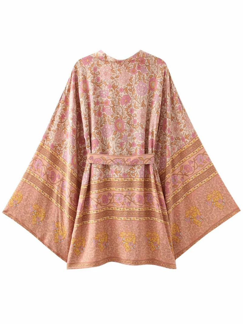 Short Kimono Floral Print Beige Color Cotton Short Length Gown Kimono Duster Robe - Image 2