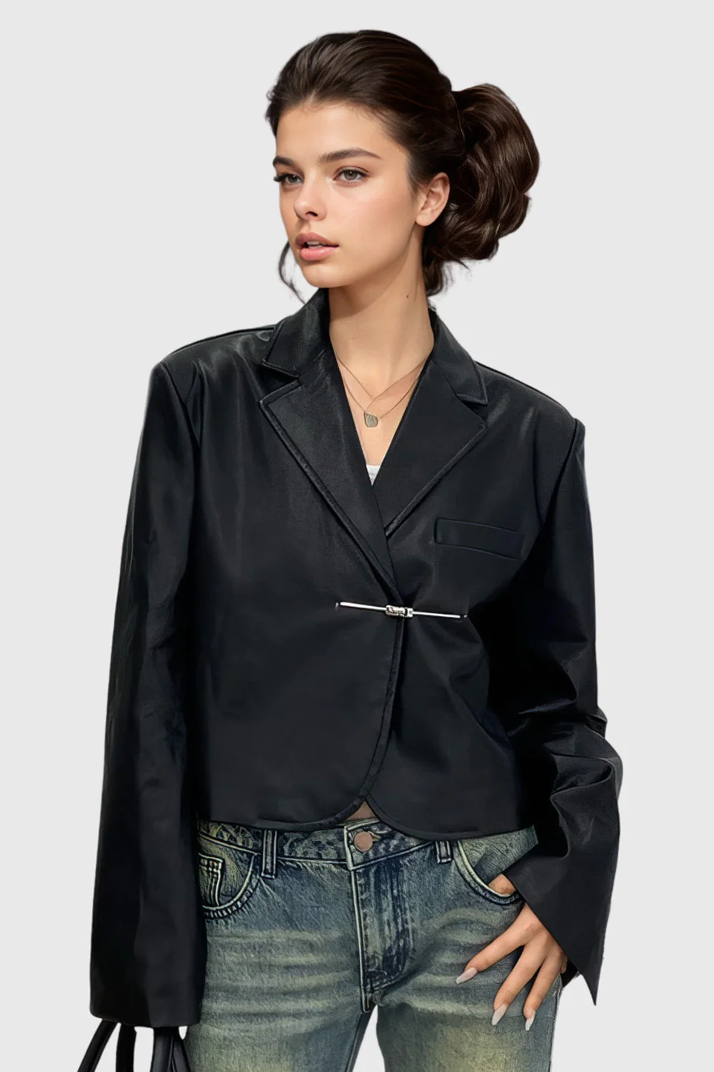Short Leather Blazer with Metallic Closure - Black - Image 2