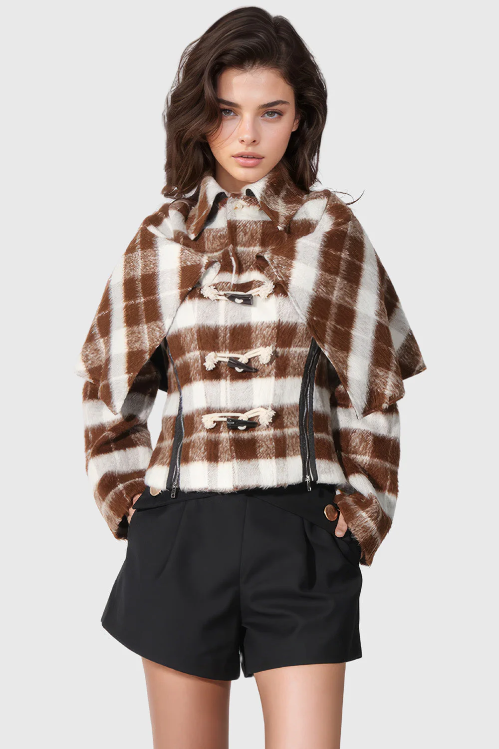 Short Plaid Coat - Brown - Image 2