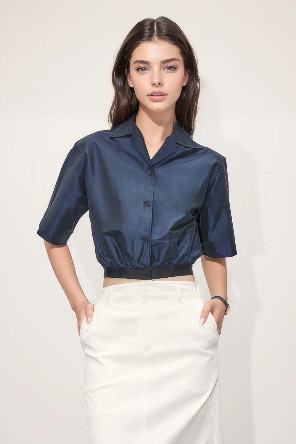 Short Sleeve Shirt with Elastic Hem - Blue - Image 2